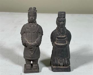 (2pc) CHINESE FIGURINES | a tomb guardian and a scholar; both 5 in.