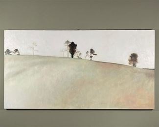 NEU (Till Neu?) ABSTRACT LANDSCAPE | Possibly Till Neu (German, B. 1943), trees on a pale hill; 37 x 69 in., some flaking and a central dent as pictured