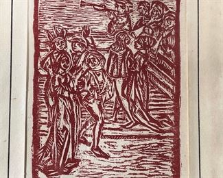 SMALL WOODBLOCK PRINT | showing merry figures, ed 10/200, signed lower right; 7-1/2 x 6 in., framed