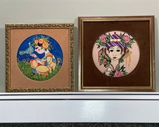 (2pc) EMBROIDERIES IN TONDO | both depicting female figures; 16 x 16 in.