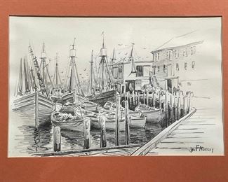 (2pc) JAS F. MURRAY PRINTS | prints of pencil drawing harborscapes; 12 x 16 in., framed