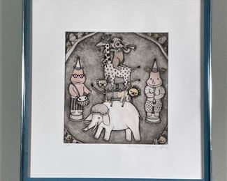 CHRISTINE CHAGNOUX | "Dressed Circus Animals" watercolor etching; 17 x 16-1/2 in., framed