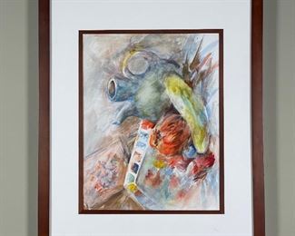MIXED MEDIA STILL LIFE | showing a paint set and other items, no apparent signature; 17-1/2 x 22 in.