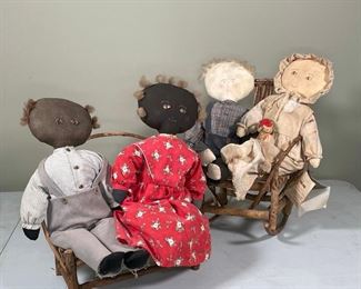 (4pc) THE WIND VANE GEORGIAN DOLLS | two husband and wife couples siting on benches (one a rocker) h. 15 in., with tags, signed