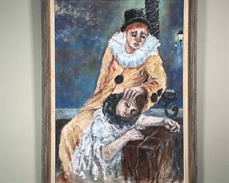 SAD CLOWN OIL PAINTING | showing a clown comforting a child before a row of streetlamps, signed lower right and dated "61"; 44 x 32 in.