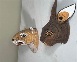 BEAVER & HARE CARVINGS | beaver with separations; carved and painted; h. 9 in.