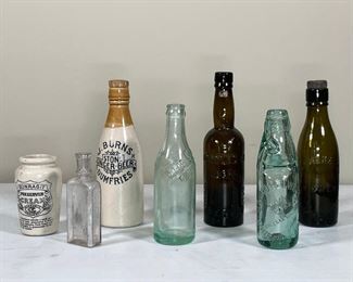 (7pc) LOT GLASS & STONEWARE BOTTLES | including a Samson Elwell bottle with glass bead; tallest h. 9-1/2 in.