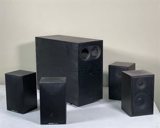 BOSTON ACOUSTICS SUBSAT SIX & OTHER | including a pair of subsat six shelf speakers (8 x 5 in.), a low profile subwoofer; plus a pair of Mitsubishi bookshelf speakers