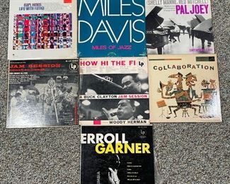 JAZZ RECORDS | Vinyl records including Errol Garner, "Collaboration" Shorty Rogers & Andre Previn, "Pal Joey" Andre Previn & His Pals, "How Hi The Fi" A Buck Clayton Jam Session feat. Woody Herman, "Jam Session Coast-to-Coast" Eddie Condon's All Stars, "Miles of Jazz" Miles Davis, and "Life with Fatha" Earl Hines