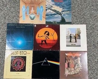 PROG ROCK RECORDS | Progressive rock vinyl record albums, including Deep Purple "Stormbringer", Journey "Look Into The Future", Bachman Turner Overdrive "Best Of So Far", Aerosmith "Toys in the Attik", Pink Floyd "wish you were here (no liner), Pink Floyd "Dark Side of the Moon" Gramophone 1973, Elf "Trying to Burn The Sun", and Andreas Vollenweider "Down To The Moon"