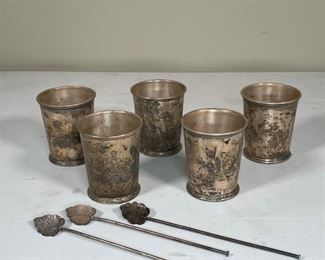 MISC. STERLING SILVER | including SIX (6) S. Kirk & Sons cups plus three stirrers; h. 3-3/4 in., approx. 27 oz (note: one cup found after photos were taken, there are six cups)