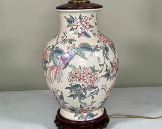 CHINESE PAINTED PORCELAIN LAMP | decorated with birds and flowers, vase height 15 in., no shade, base loose (needs glue) but not broken.