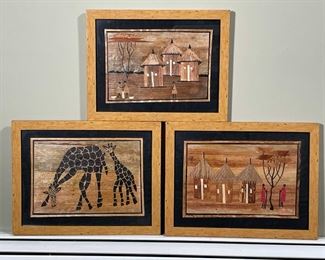 (3pc) AFRICAN PARQUETRY SCENES | decorated in contrasting woods; 10-1/2 x 13-1/2 in., largest framed