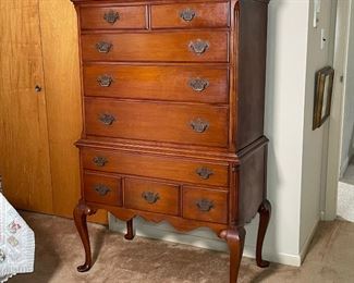REPRODUCTION HIGHBOY CHEST of DRAWERS | appears to be two piece construction joined with screws, solid wood; h. 55 x 36 x 21 in.