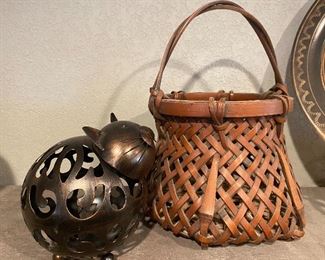 Decorative Basket with Whimsical Metal Cat 