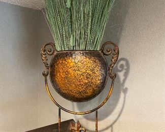 Faux Grass Arrangement in Metal Flat Urn 
