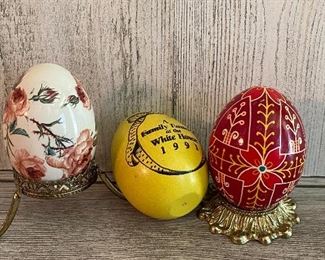 Three Decorative Eggs, 2 on stands 

