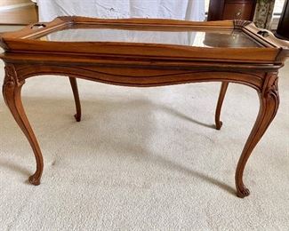 graceful Italian made table with inlaid wood and removable glass serving tray $195. see next two photos
