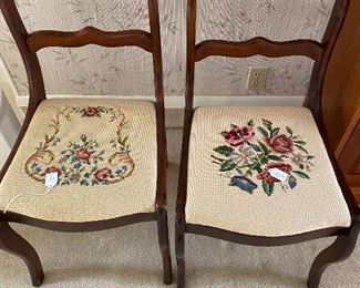 two small beautifully made needlepoint fabric seat side chairs    $95 each