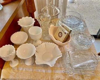 milk glass and glass bowls