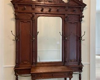 LOT #101 - $3,000 - Antique French Hall Tree, 1850's (all one piece except for pediment at the top), approx. 67.75" L x 19.75" W x 114" H
