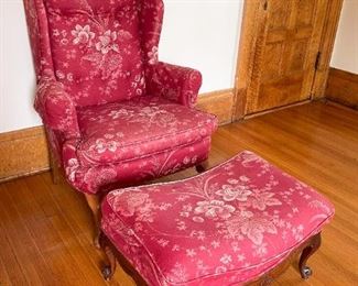 Traditional Wingback Chair & Ottoman with Red Floral Upholstery
