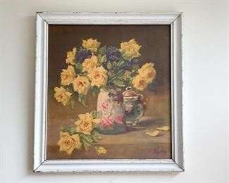 Framed Artwork - Vintage Floral Still Life Print, Yellow Roses
