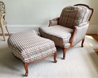 LOT #104 - $495 - Traditional Plaid Armchair with Ottoman (there are some minor scratches / scuffs) 