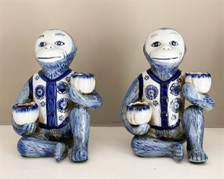 Blue & White Pottery Monkey Candleholders
