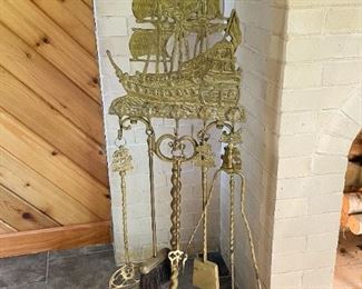 LOT #114 - $450 - Brass Fireplace Tools Set with Nautical / Ship Motif and Matching Andirons (approx. 48" H)