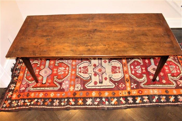 19th century reconstructed farm house table.              93 1/3 " L   x  39 3/4 " W x  30" H  asking price  $2,500.       Flat weave rug under table.  1964  Kilim.  $550.00.               5ft x 11ft. These items are at the West location.