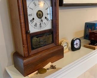 Seth Thomas, 1838- 1850, kitchen mantel clock w/ alarm, 11" H x 9" W clock, base 10" W x 3.5" H