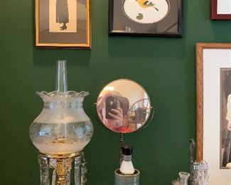 Lamp- 19.25" tall, Oil.    Shaving mirror.   Victorian cruet set- Barcley & Cary, NY