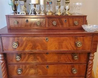 American Sheraton six drawer chest.  Mahogany with birch string inlay.  33.5" wide 