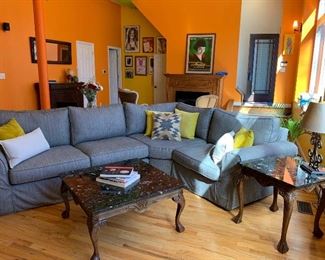 3 piece slip-cover sectional, Marble top tables