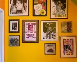 Concert Posters, Professionally framed & Matted. Janis Joplin, The Doors "Light my fire" 24kt gold plated 45 w/sheet music, Pink Floyd, Jethro Tull, Robert Plant, Jimmy Page, 3 framed album covers