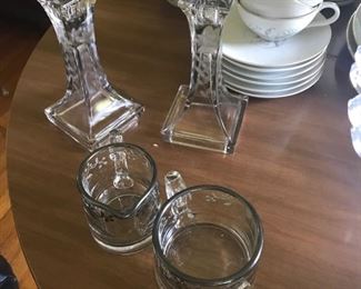 Silver overlay sugar & creamer.  Heavy, etched candle sticks