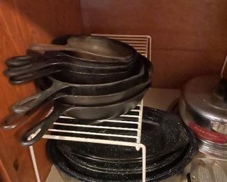Cast iron skillets. Several are Lodge