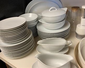 Large set of unmarked white porcelain dish set in kitchen, priced in groupings individually, see next photo