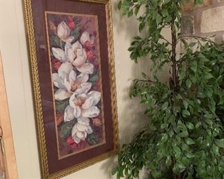 Classic Barbara MOCK Magnolia print,  16 x 30 in matted gold frame, ficus tree