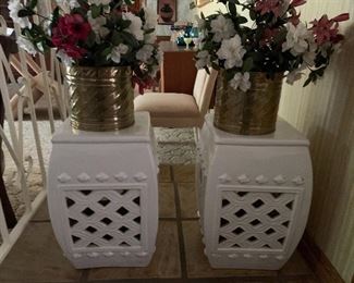 White Glazed Ceramic Vintage Garden Stools. Top measures: 10" x10" and 18" height, Made in Spain, sold as pair. 