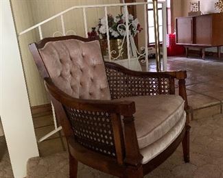 Oyster Velvet Upholstered Arm Chair with Caning, Petite Brass floor lamp with glass shade and key switch