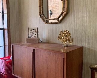 BID ITEM: Danish Modern Teak Credenza Measures 39.25" in Length, 31" Height and 19.25" Depth, Gold "Bamboo" Hollywood Regency Mirror 23" x 29", Twisted Wire Gold tone red Sculpture