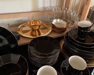 Foreground: Mikasa  "Formal Facets" Midnight Gold" 53 pcs. Background: Oneida Tudor gold electroplate Set of 9 Parfait Glasses, pair of Capiz shell bowls, abalone coasters all excellent vintage condition