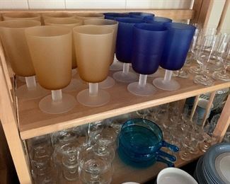 2 Sets of 8 Frosted glass Goblets, amber and cobalt,  hand blown aqua Arva nappies, Vintage Rosenthal champagne and crystal stems