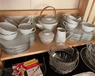 Noritake "Reina" Japan snack plates, coffee tea service with teapot, sugar creamer, vintage ice bucket w tongs, canape knives, hors-d'oeuvre forks