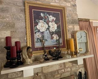 Over the Mantle: A classic Barbara SHIPMAN Magnolia print measure 36 x 32" in heavy frame. 