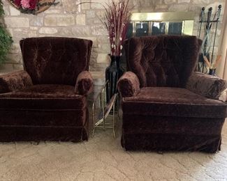 Pair of vintage matching tufted brown velvet swivel/ rocker arm chairs (sold individually) 