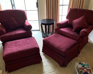 Upholstered burgundy armchairs with ottomans, sold individually , contemporary black accent table from Target