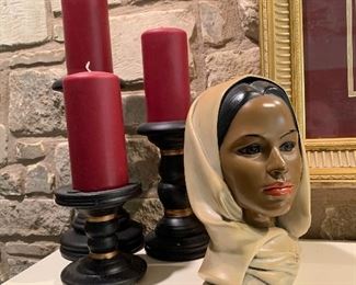 1950's vintage MARWAL Chalkware Bust , set of 3 candlesticks with pillar candles